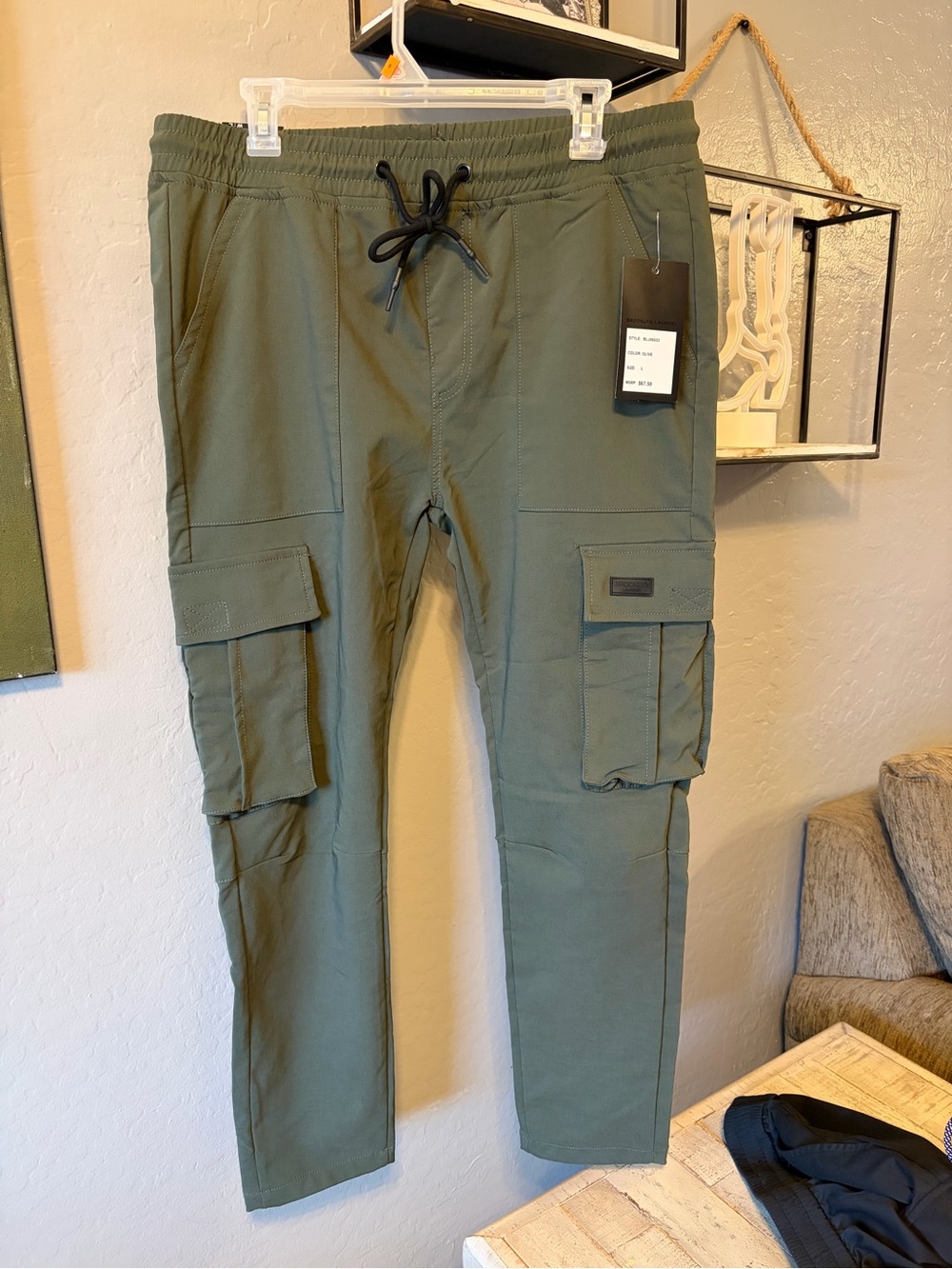Men's Olive Cargo Joggers with Drawstring Waist